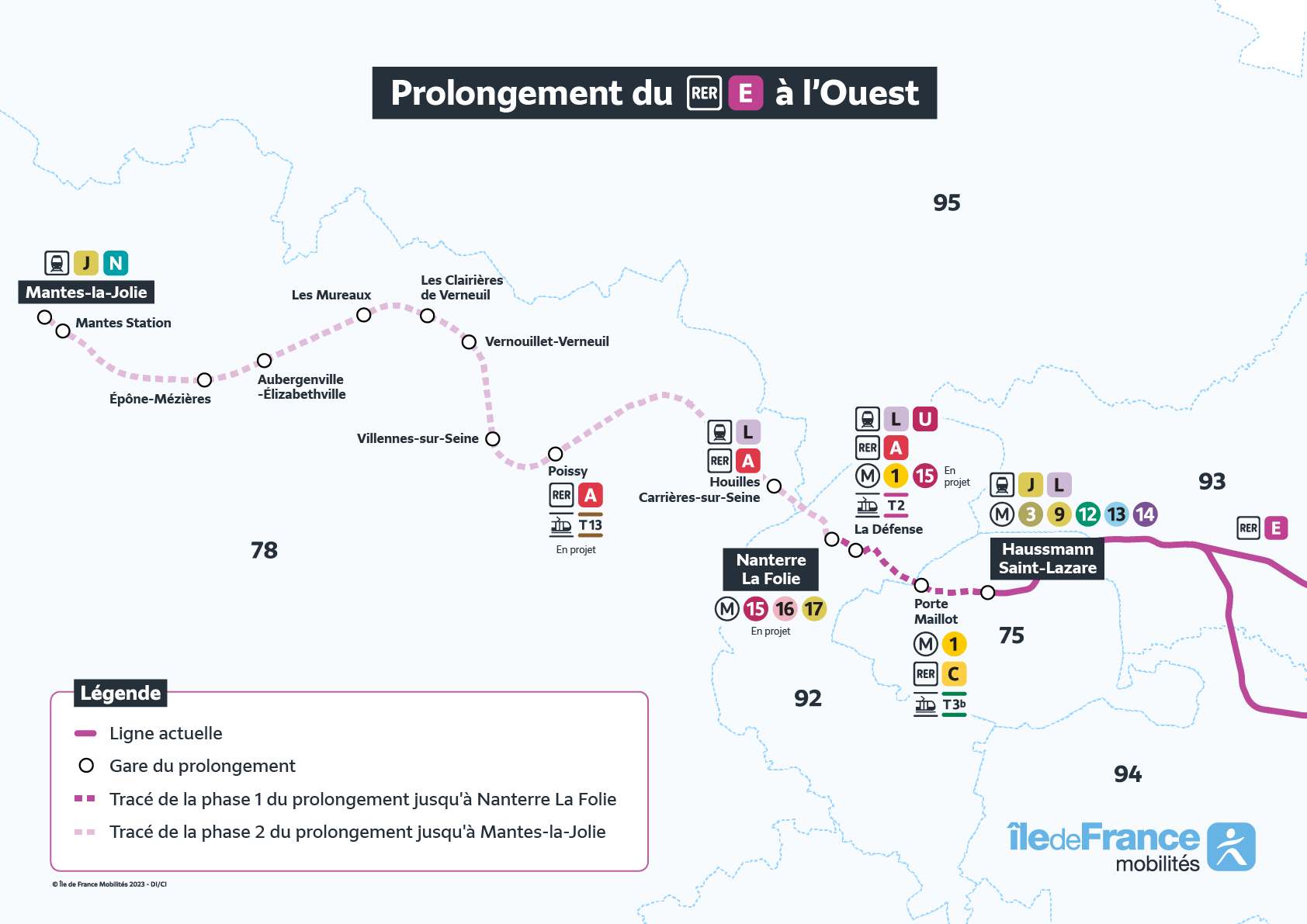 carte du prolongement à venir du RER E jusqu'à Mantes-la-Jolie